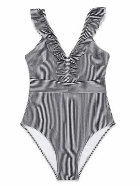 Blooming Jelly Black White Striped Ruffle One Piece Swimsuit NWT Small
